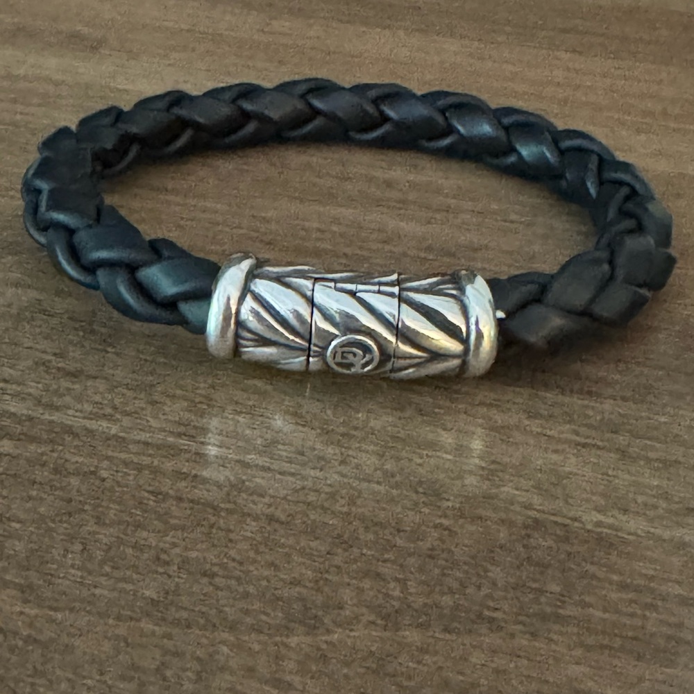 Braided Black Leather Bracelet with Silver Clasp